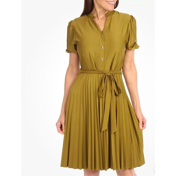 Sharagano Pleated Short Sleeve Dress Size 6 Spanish Olive New - Picture 5 of 9